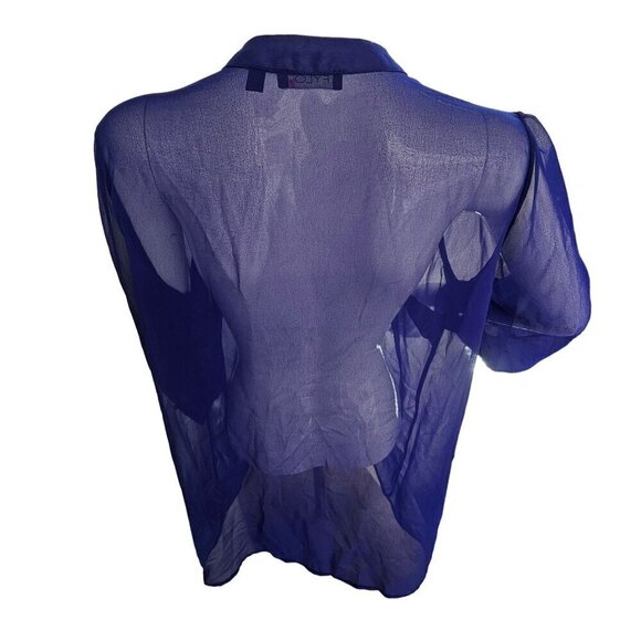 FYLO Sheer Pleated Shirt Blouse Womens M Royal Blue V Neck Covered Buttons - Picture 2 of 11